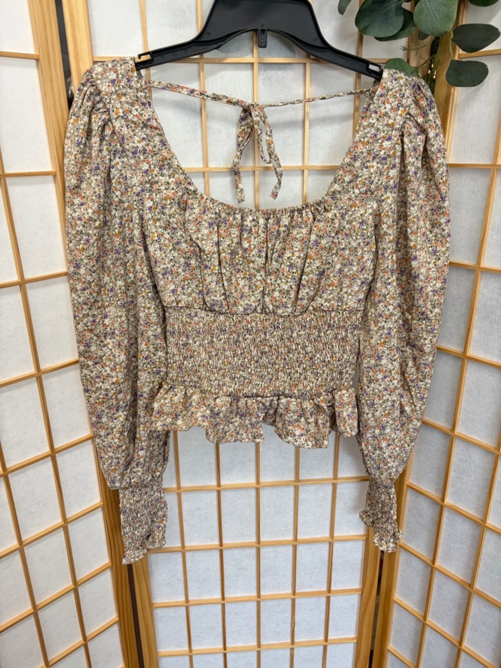 Smocked Floral Peasant Top - Beige Floral